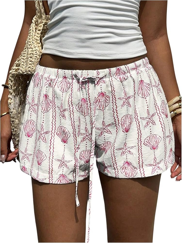 WDIRARA Women's Boho Seashell Starfish Print Mini Shorts Drawstring Waist Vacation Shorts | Amazon (US)