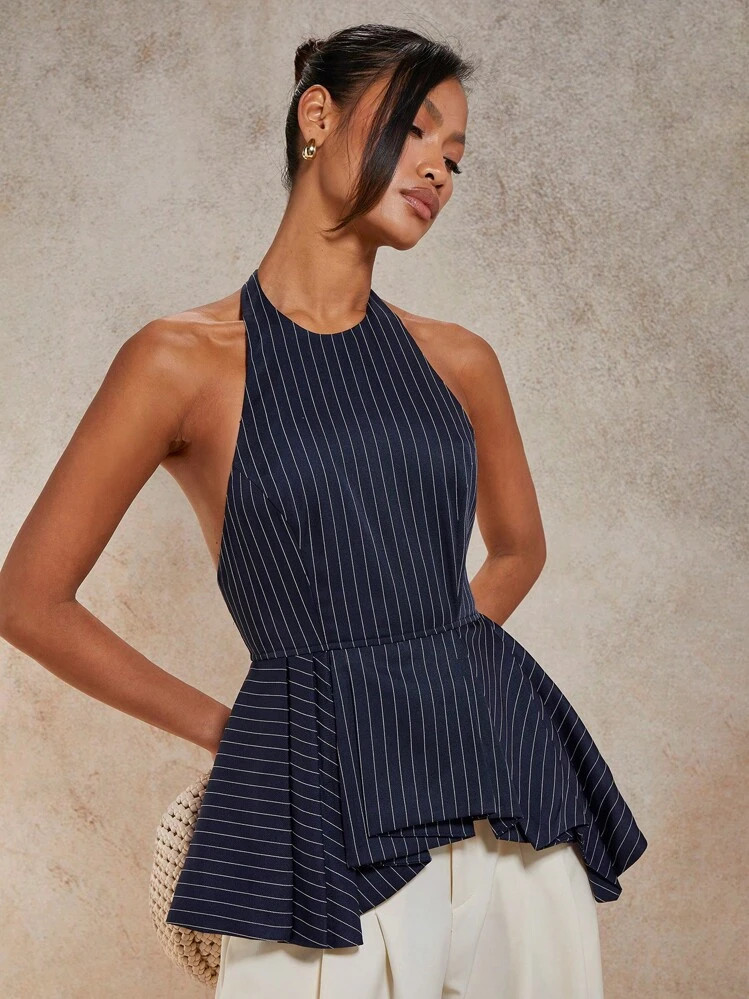 SHEIN X Luisa Sonza COSMINA Women's Pinstripe Halter Top: Sleeveless V-Neck Woven Peplum Top With Ruffle Hem | SHEIN
