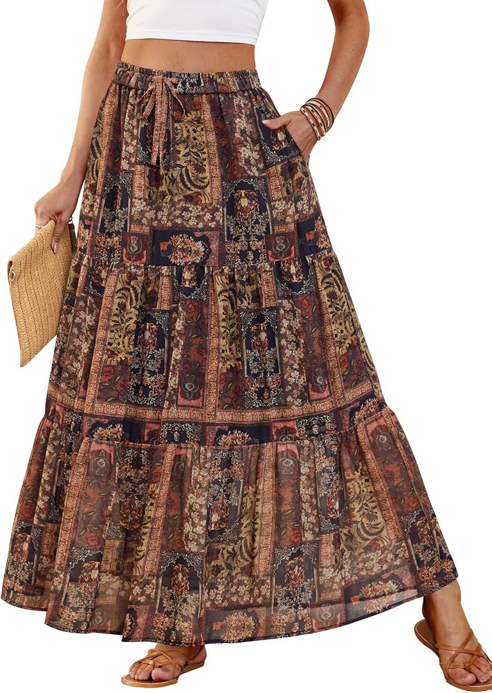 DJT FASHION Womens Boho Maxi Skirt Chiffon Flowy A Line Tiered Casual Long Skirts with Pockets fo... | Amazon (US)