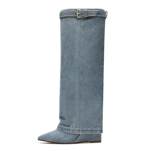Yishaweiqi Denim Fold Over Boots Wide-calf Wedge Heel Knee High Boots | Amazon (US)