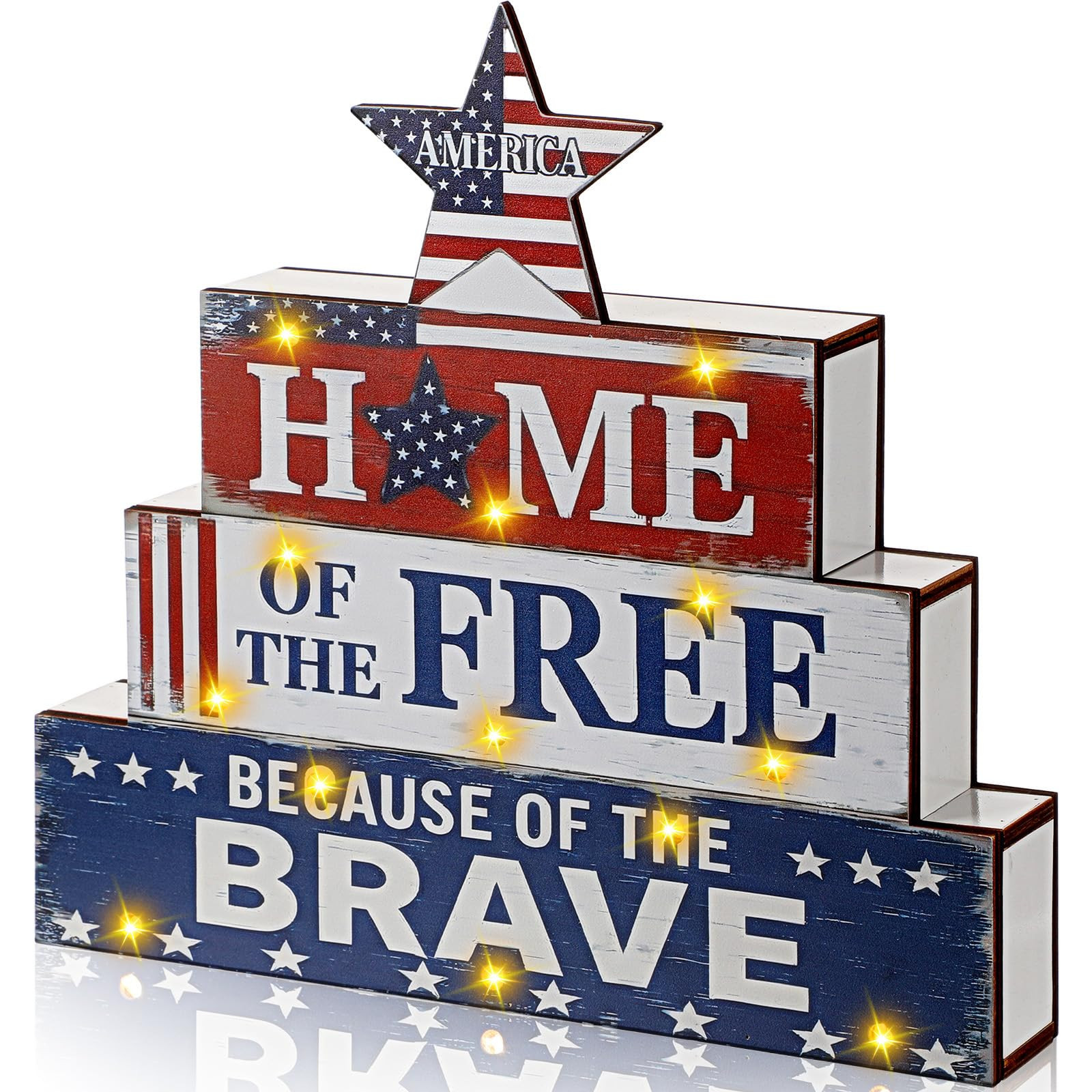 4th of July Decorations Patriotic Wooden Table Sign with 13 LED Lights Memorial Day Independence ... | Amazon (US)