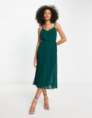 ASOS Design pleated cami midi dress with drawstring waist in green | ASOS (Global)