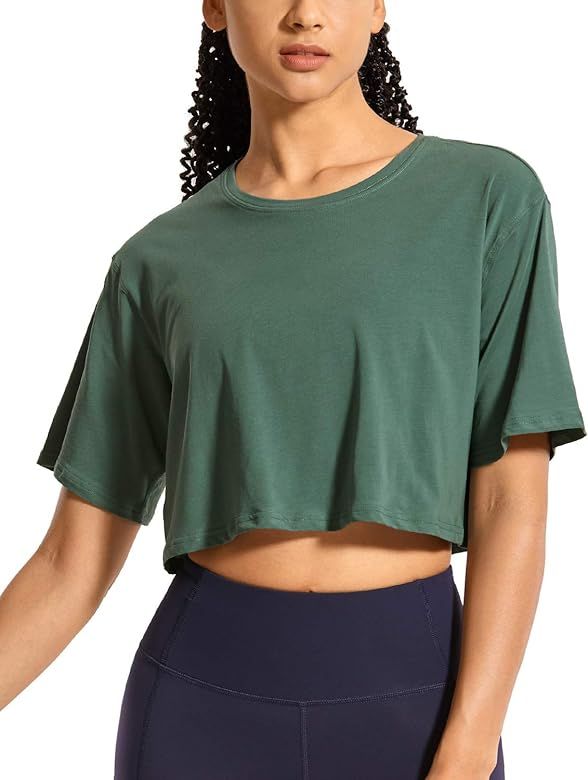 CRZ YOGA Women's Pima Cotton Workout Crop Tops Short Sleeve Yoga Shirts Casual Athletic Running T-Sh | Amazon (US)