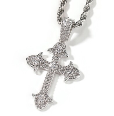18k White Gold Diamond Cross w/ 24" White Gold Rope Chain - Will Not Fade  | eBay | eBay US