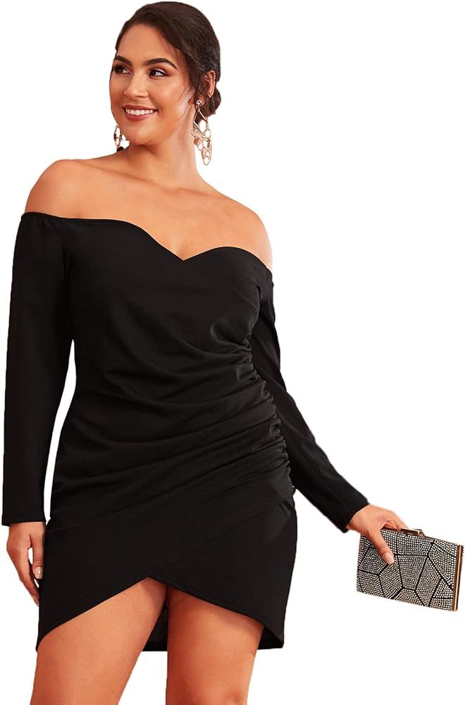 Amazon.com: Romwe Women's Plus Size Sexy Off Shoulder Wrap Sweetheart Pleated Front Party Mini Ba... | Amazon (US)