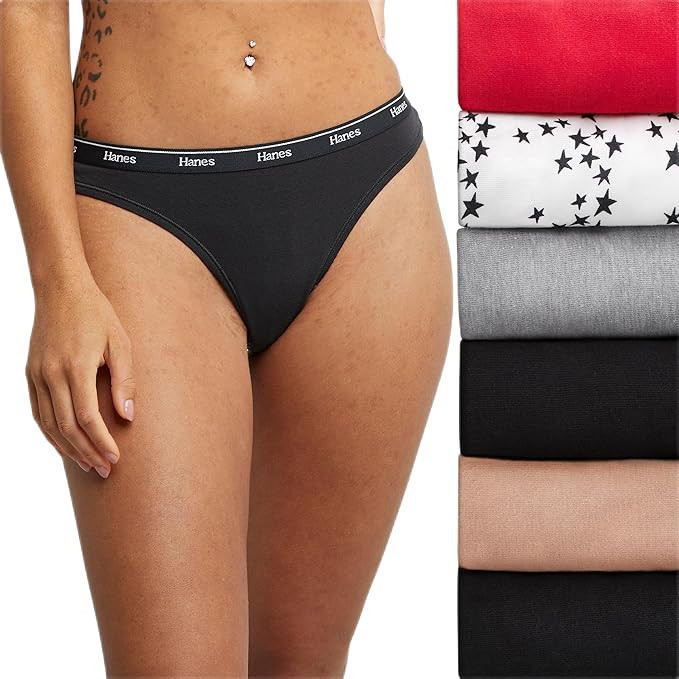 Hanes Women's Originals Thong Panties, Breathable Stretch Cotton Underwear, Assorted, 6-Pack | Amazon (US)