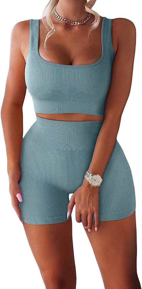 Workout Sets for Women 2 Piece Seamless Ribbed Crop Tank High Waist Shorts Yoga Outfits | Amazon (US)