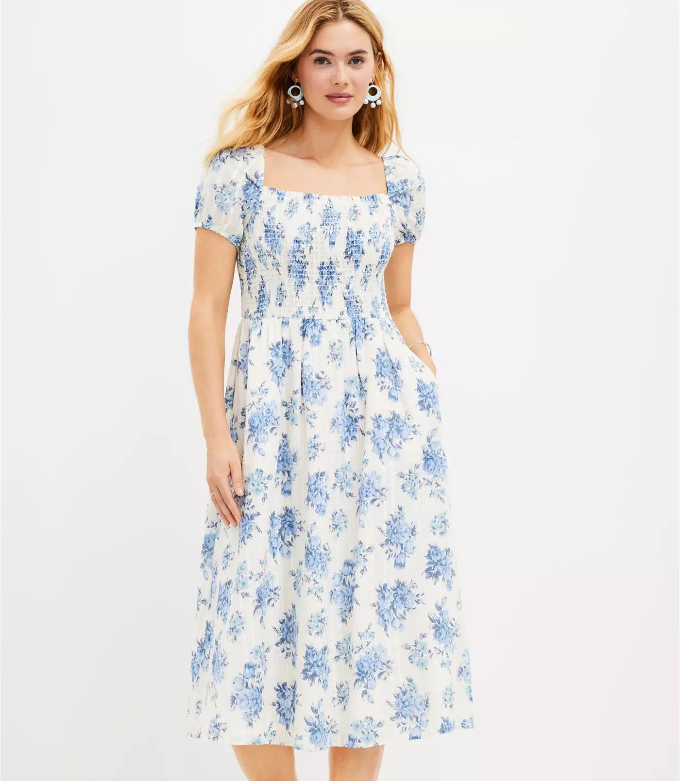 Floral Smocked Puff Sleeve Midi Pocket Dress | LOFT | LOFT