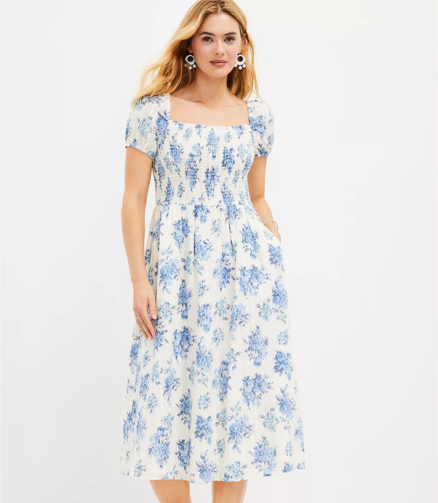 Floral Smocked Puff Sleeve Midi Pocket Dress | LOFT | LOFT