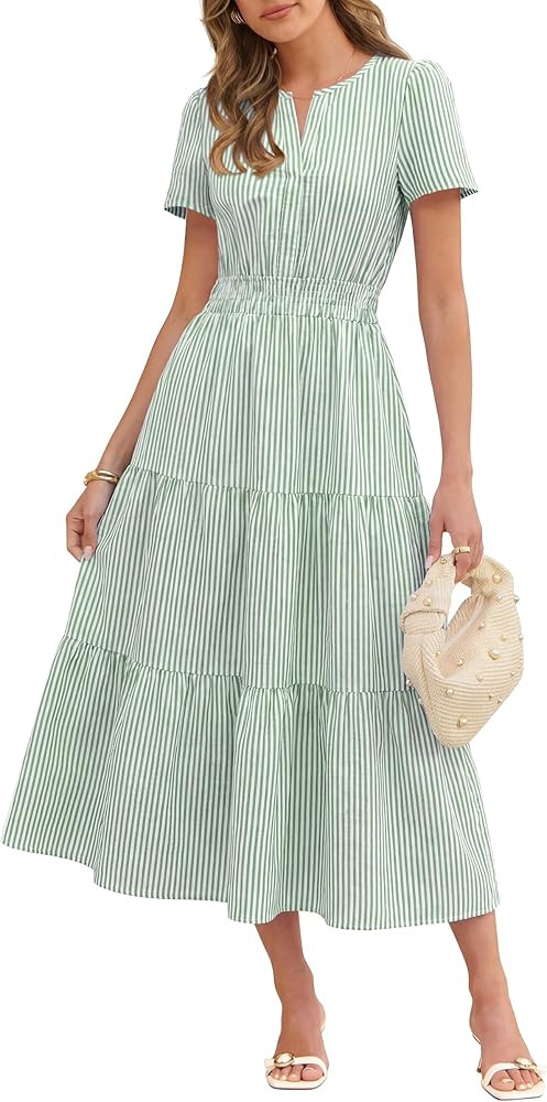 Caracilia Womens Summer Maxi Dresses 2026 Spring Casual V Neck Short Sleeve Gingham Flowy A-Line ... | Amazon (US)