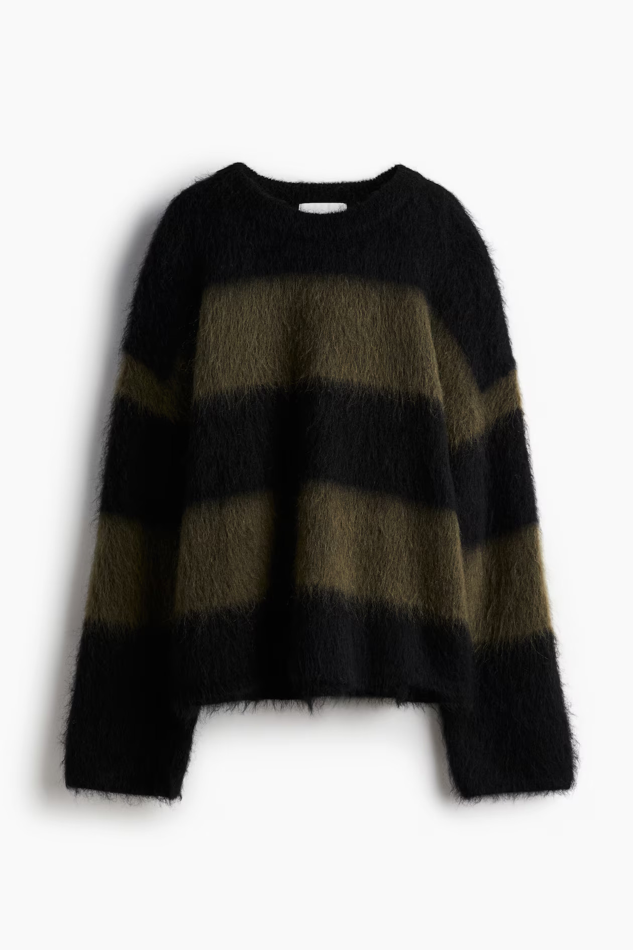 Oversized mohair-blend jumper - Round neck - Long sleeve - Black/Dark khaki green striped - Ladie... | H&M (UK, MY, IN, SG, PH, TW, HK)