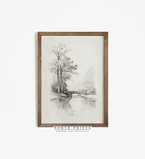 Landscape Sketch  Vintage Etching  Bridge Trees Drawing | Etsy | Etsy (US)