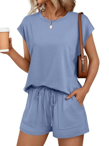AUTOMET Womens Lounge Two 2 piece Sets Summer Outfits 2025 Loungewear Matching Beach Vacation Clothes Sweatsuits Sweat Pajamas Pjs Romper Top Shorts Fashion Trendy Travel Teen Clothing Dusty Blue M | Amazon (US)