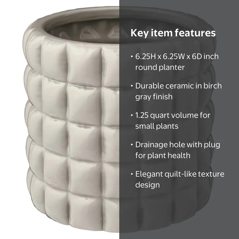 Mainstays Nova 6.25 Inch Round Birch Gray Ceramic Planter with Drainage Hole | Walmart (US)