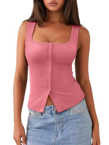 REORIA Women's Sexy Ribbed Button Down Square Neck Tank Tops Trendy Y2K 2026 Summer Sleeveless Going Out Vest Crop Tops (Pink Small) | Amazon (US)