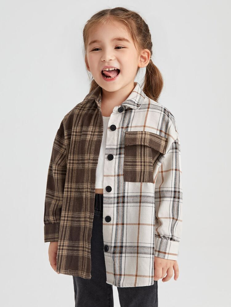 SHEIN Toddler Girls Two Tone Plaid Flap Pocket Drop Shoulder Blouse | SHEIN