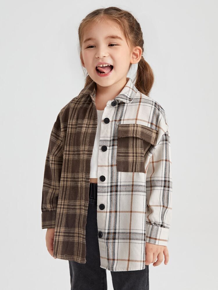 SHEIN Toddler Girls Two Tone Plaid Flap Pocket Drop Shoulder Blouse | SHEIN