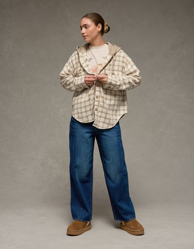 AE Plaid Hooded Button-Up Shirt | American Eagle Outfitters (US & CA)