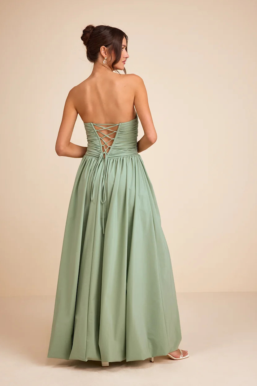 Marilou Sage Green Strapless Ruched Lace-Up Maxi Dress | Lulus