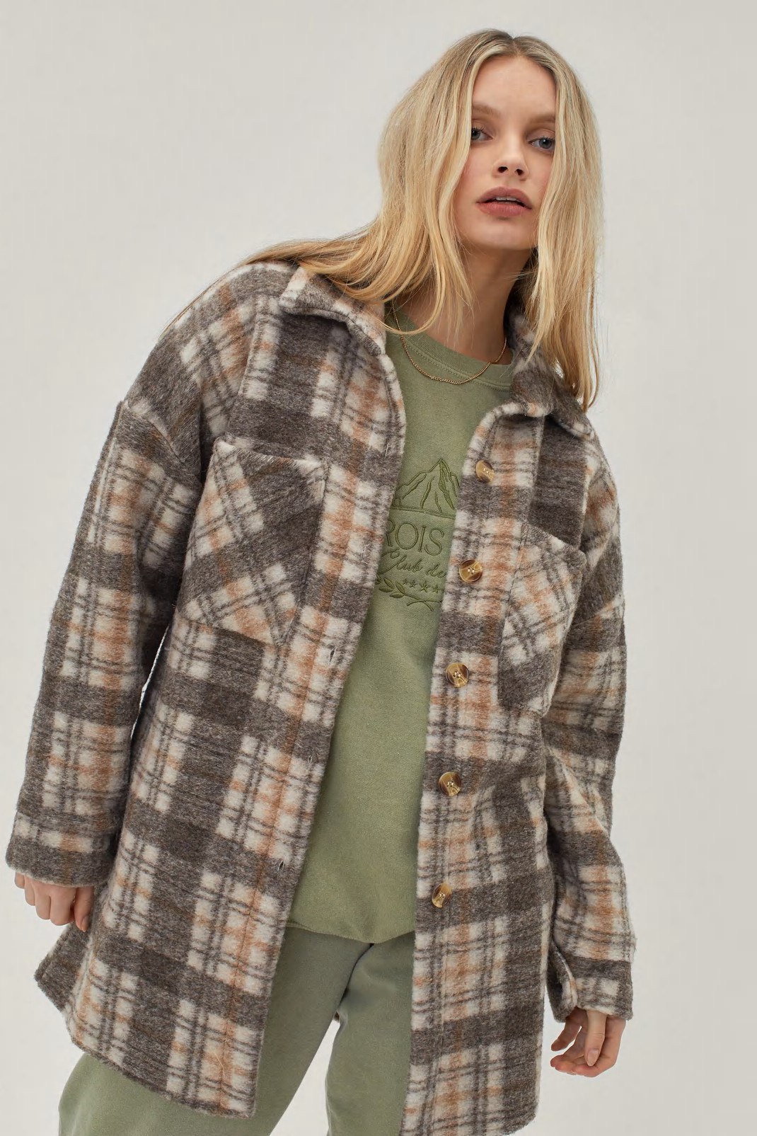 Brushed Tonal Check Longline Shacket | Nasty Gal (US)