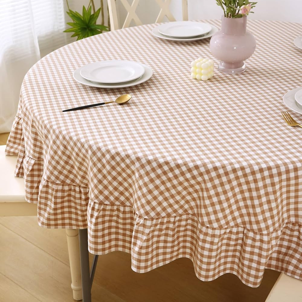 100% Cotton Taupe Plaid Ruffled Table Cloth Round Cover, Dia.70 in Farmhouse Checker Gingham Vint... | Amazon (US)