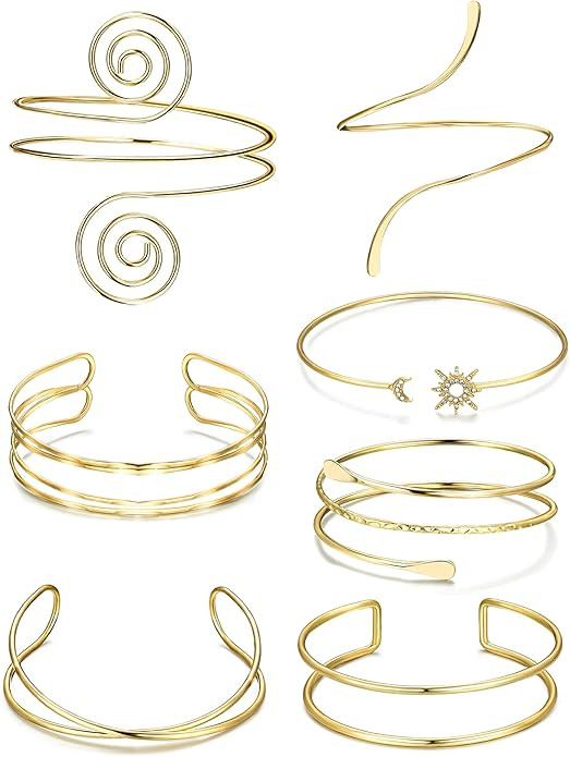 7 Pcs Arm Cuff Jewelry for Women Gold Upper Arm Cuff Bangle Band Armlet Adjustable Arm Cuff Brace... | Amazon (US)