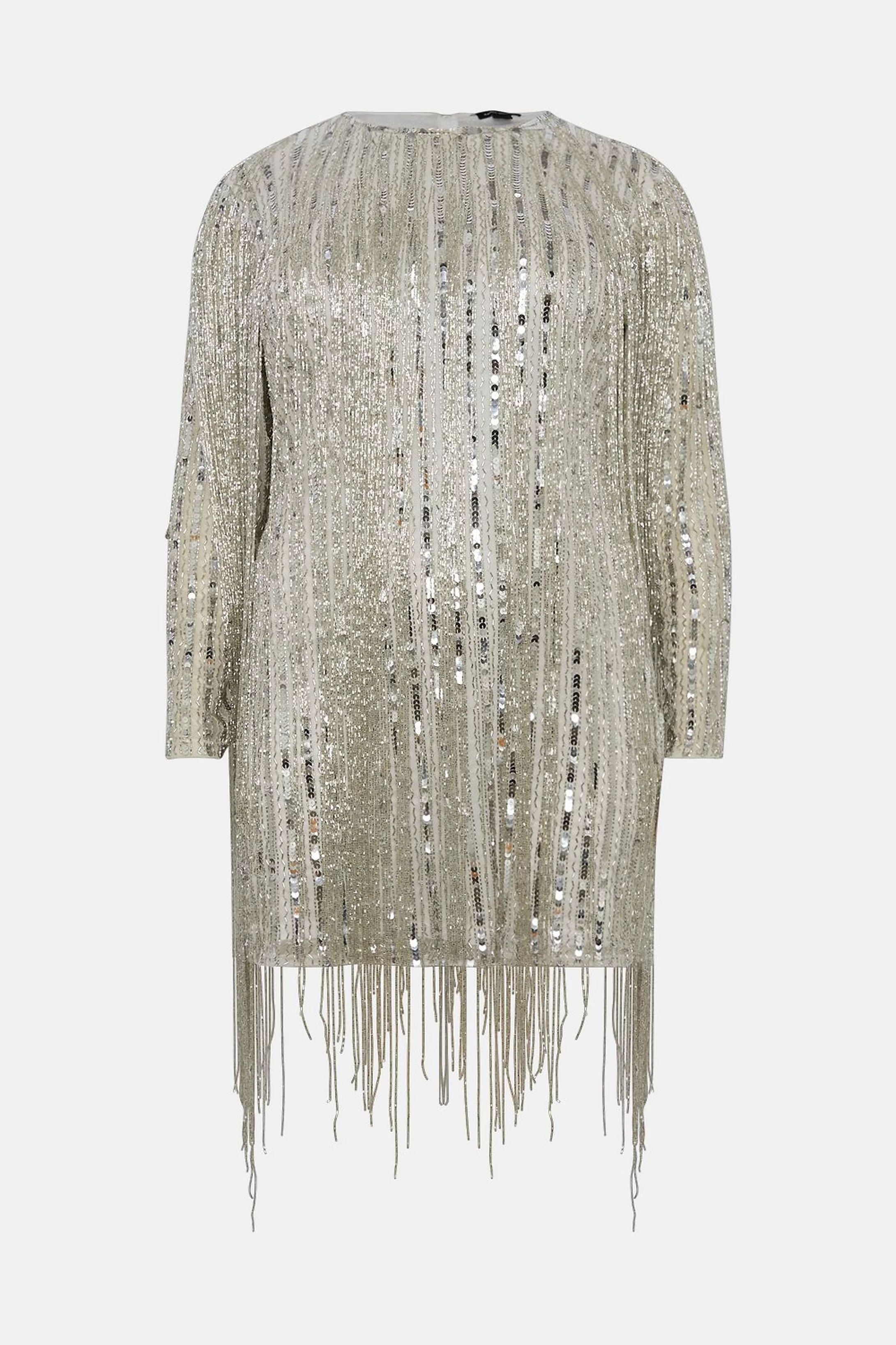Plus Size Beaded Fringed Woven Mini Dress | Karen Millen UK & IE