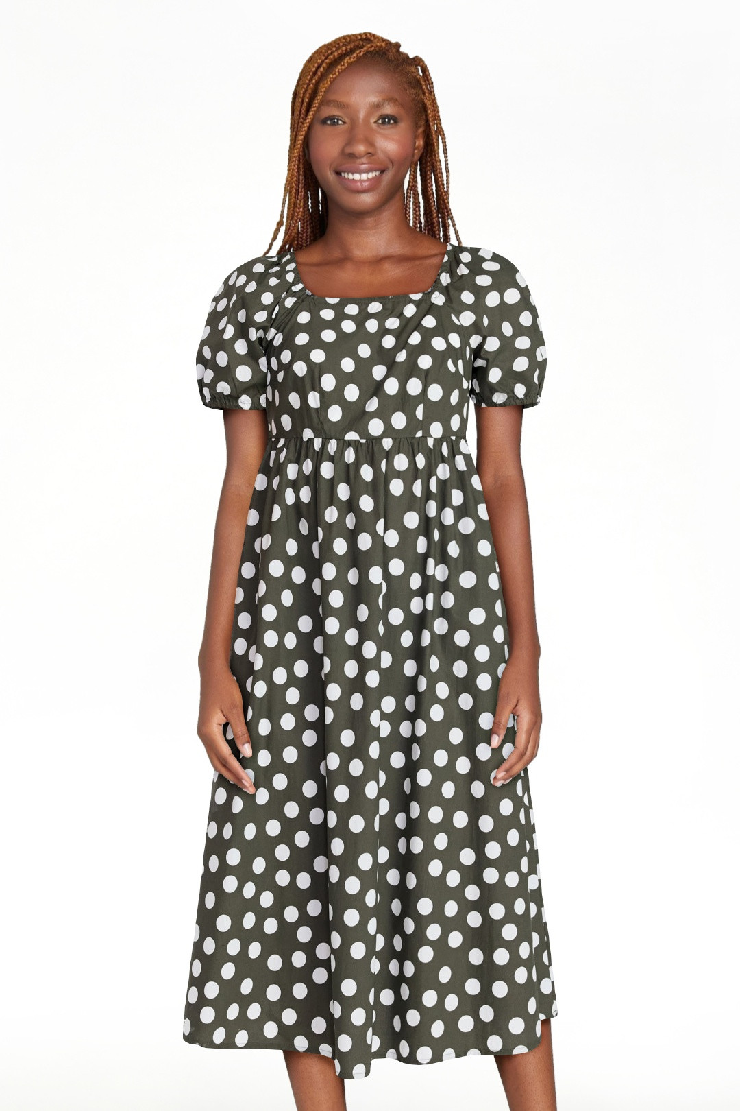 Time and Tru Women's and Women's Plus Cotton Back Tie Midi Dress with Short Puff Sleeves, Sizes X... | Walmart (US)
