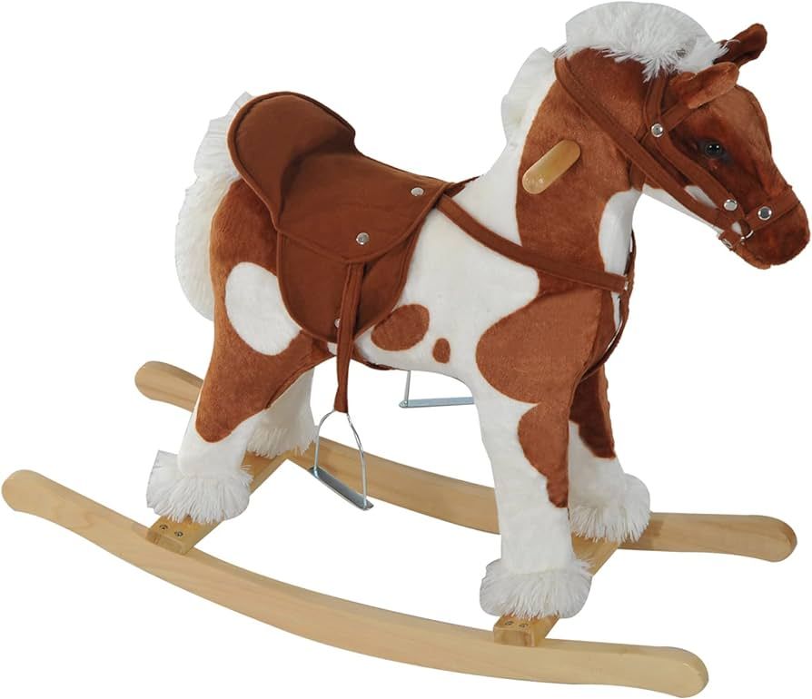 Qaba Wooden Toddler Rocking Horse, Kids Plush Rocking Chair Toy with Nursery Rhyme Music Brown | Amazon (US)