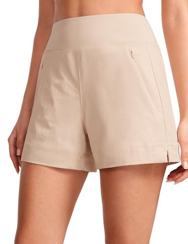 CRZ YOGA Women's Lightweight Mid Rise Hiking Shorts 4'' - Stretch for Athletic Summer Travel Outdoor Golf with Zip Pockets Raw Linen Large | Amazon (US)