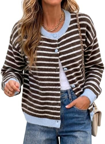 Cicy Bell Women Striped Button Down Cardigan Sweater Color Block Knitwear | Long Sleeve, Fall Clo... | Amazon (US)
