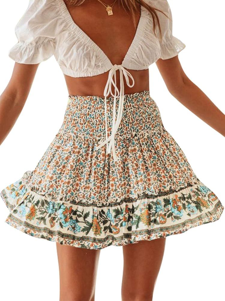 BerryGo Womens Boho Floral High Waist Ruffle A-line Mini Skirt | Amazon (US)