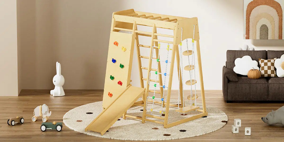 8 in 1 Extra Large Wooden Climber, Indoor Playground Jungle Gym, with Durable Rope & Sturdy Netti... | Wayfair North America