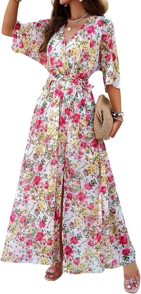 Womens Half Sleeve Wrap V Neck Chiffon Floral Casual Maxi Dress Spring Summer Wedding Guest Dress... | Amazon (US)