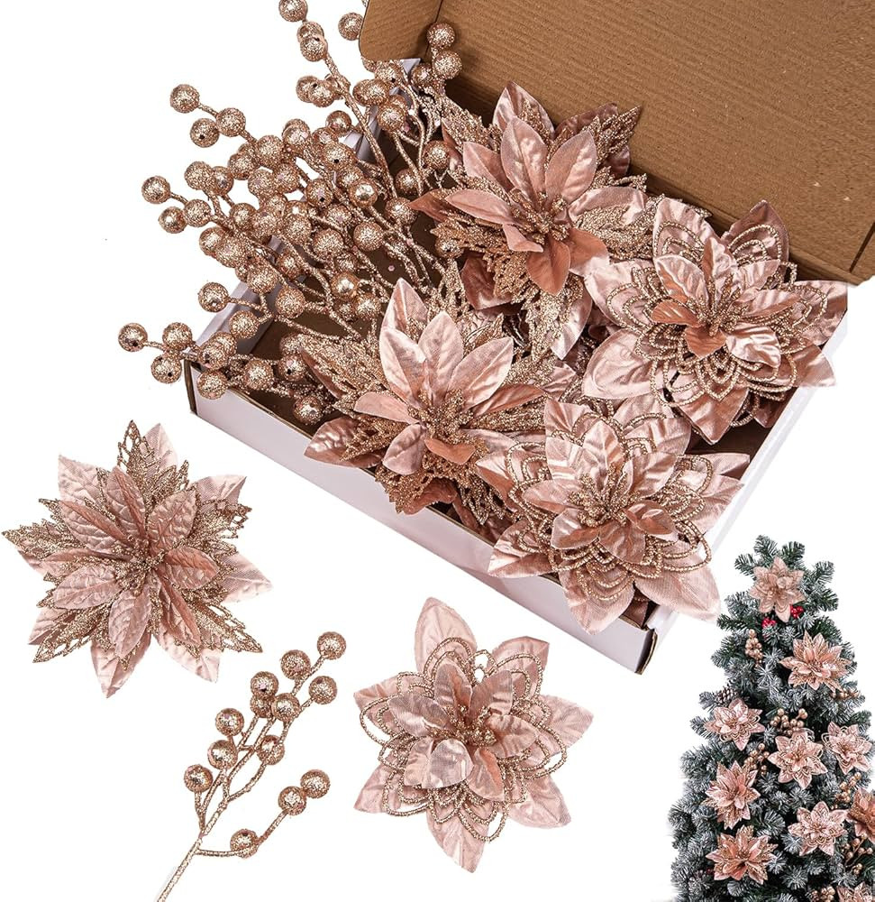 24 Pcs 3 Styles Christmas Poinsettia Flowers Christmas Tree Ornaments, 16 Pcs Artificial Christma... | Amazon (US)