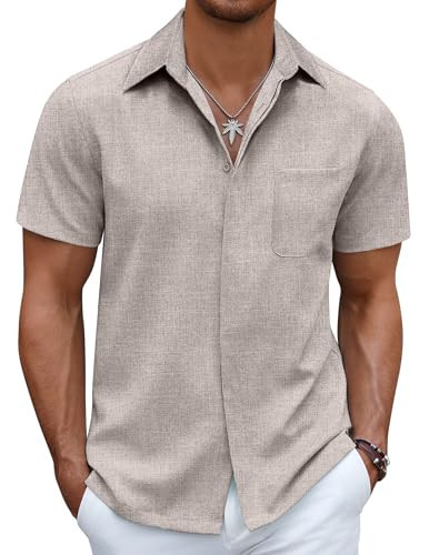 COOFANDY Men's Beach Wedding Shirt Short Sleeve Casual Untucked Shirts Summer Vacation Stone | Amazon (US)