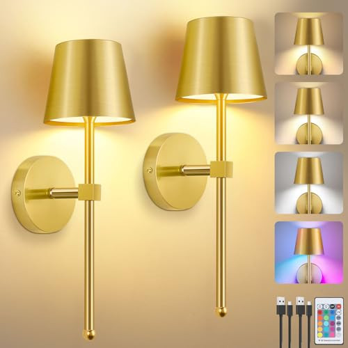 LIGHTESS Battery Operated Wall Sconce Set of Two with Touch and Remote Control, Dimmable Rechargeable Wall Lights for Living Room, Bedroom, Hallway (Gold) | Amazon (US)