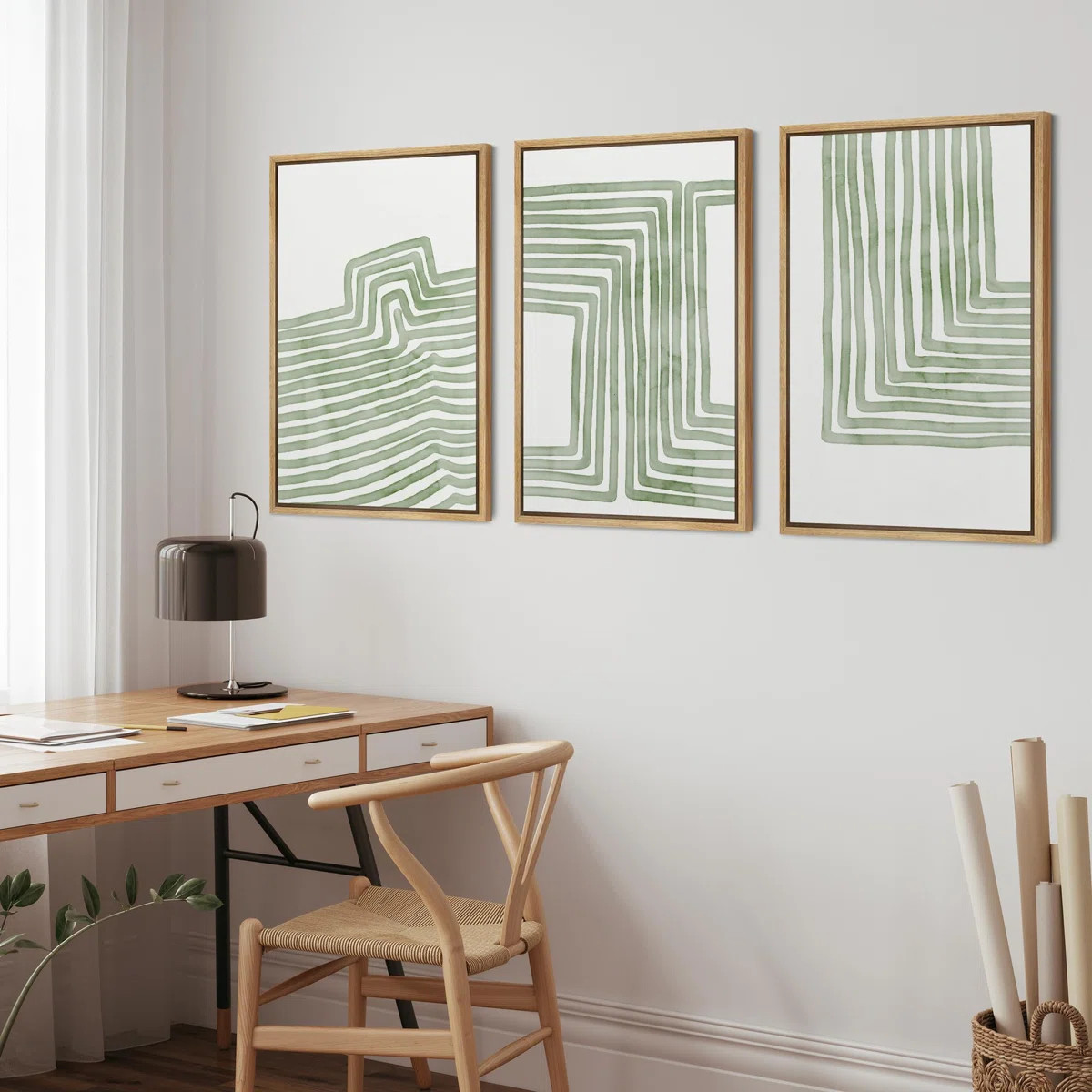 Geometric Line " Sage Green Stripe Polygon Pattern Collage " 3 - Pieces | Wayfair North America