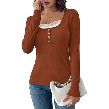 WIHOLL Long Sleeve Shirts for Women Lace Trim Tops | Amazon (US)