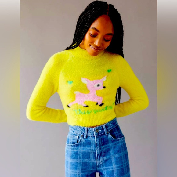 Urban Outfitters Cleo “ This Sucks” Mock  Neck Deer Print Cropped Sweater P7 | Poshmark