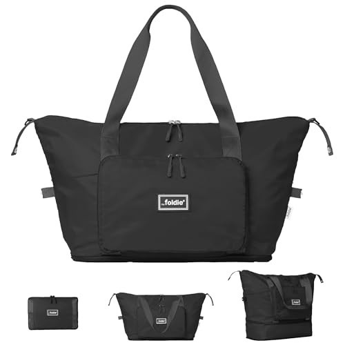 The Foldie Foldable Travel Tote Bag for Women - 40L Weekender Overnight Bag Duffel with Multiple Pockets and Luggage Sleeve - Airline-Approved Underseat Carry On Personal Item Travel Bag - Black | Amazon (US)