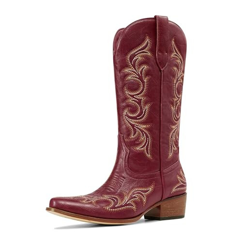 Ouepiano Red Cowboy Boots for Women Cowgirl Mid Calf Western Embroidered Chunky heels Pointed Toe Pull On Vintage Fashion Country Boot Size 10 | Amazon (US)