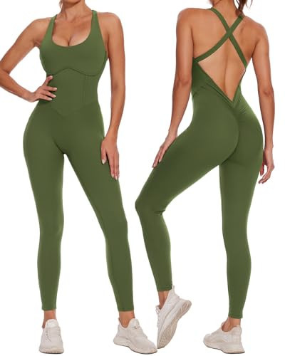 Wenlia Women One Piece Workout Bodysuit Sexy Backless Jumpsuits Tummy Control Sleeveless Bodycon V Back Scrunch Butt Romper | Amazon (US)