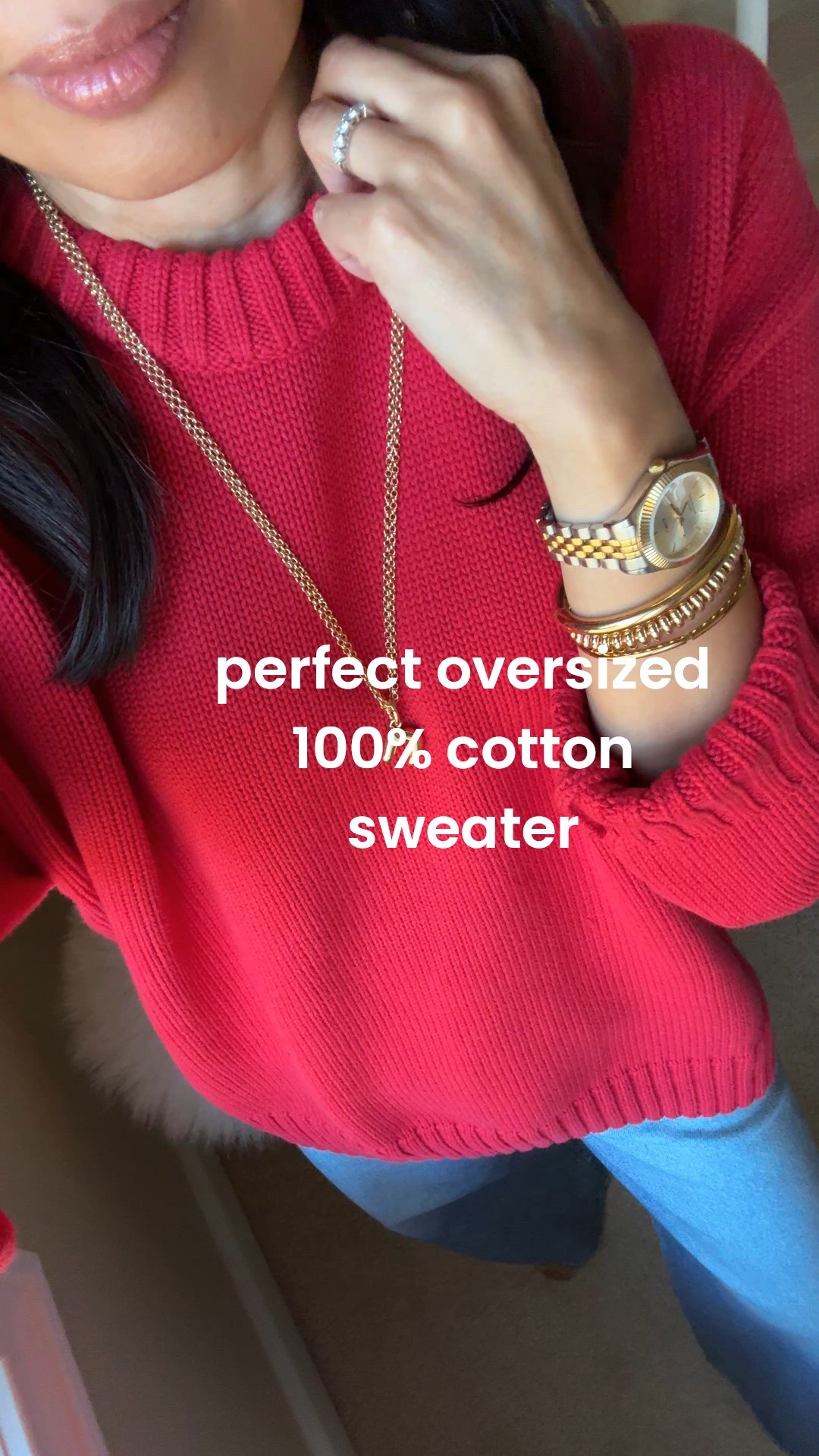 Holiday red, but make it casual. 
I love this classic red which is universally flattering. 
This is the perfect oversized 100% cotton sweater. I stayed true to size  It is available in multiple colors. 
I have had past seasons of their all cotton sweaters and still wear them. They wash and wear well. 
I plan on wearing this sweater mostly with jeans, but you could easily dress it up with black bottoms. 
Here I am wearing sweatpant jeans. 
Keeping the look casual with sneakers; would wear heeled booties for dress up. 
Gold jewelry looks great with this red. 


#LTKOver40 #LTKHoliday #LTKSaleAlert