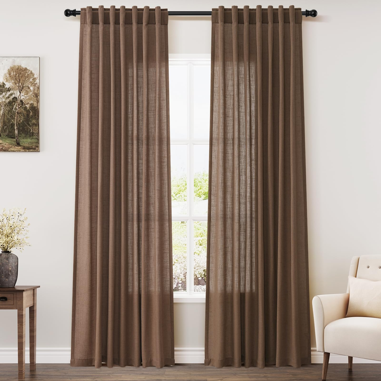 Caramel Brown Linen Curtains 84 Inches Long for Bedroom Back Tab Light Filtering Privacy Semi She... | Amazon (US)