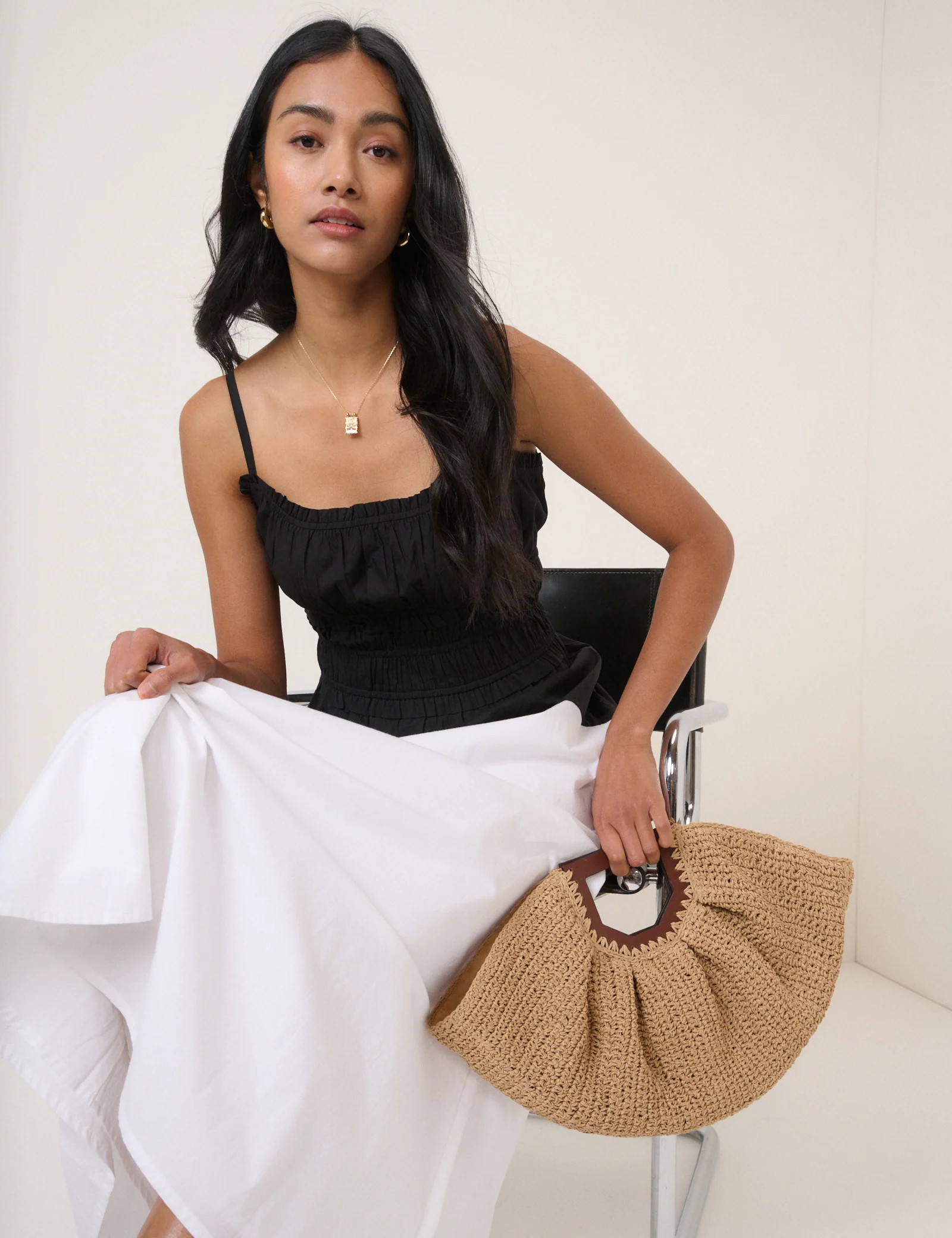 Black And White Shirred Waist Alina Midi Dress | Nobody's Child