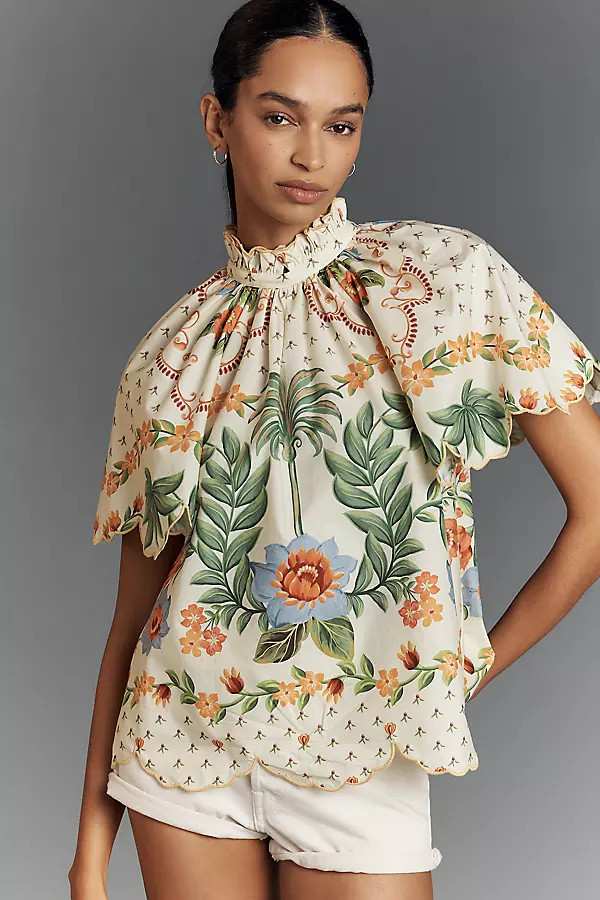 Farm Rio Short-Sleeve High-Neck Printed Blouse | Anthropologie (US)