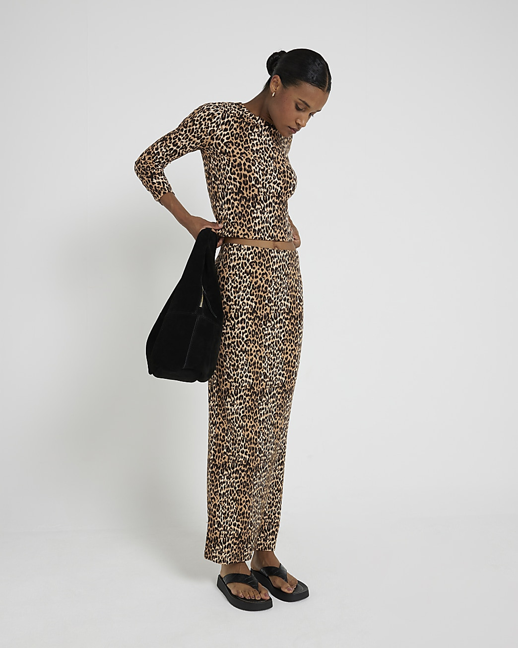 Brown Leopard Pencil Ribbed Maxi Skirt | River Island (UK & IE)