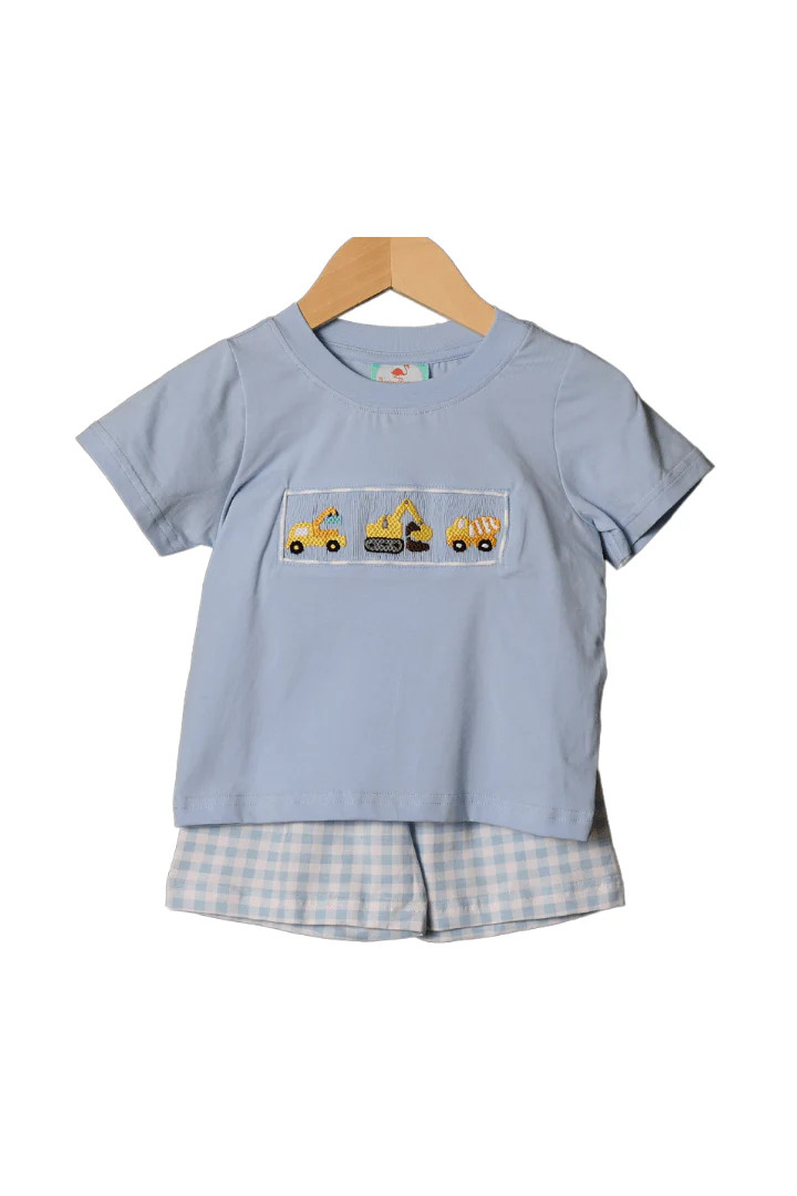 Smocked Construction Blue Gingham Knit Short Set | The Smocked Flamingo