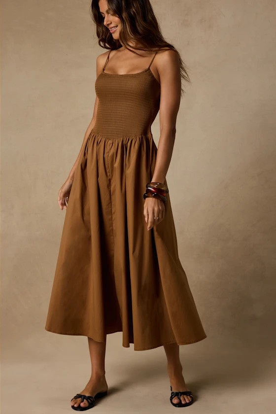 Tandria Light Brown Smocked Sleeveless Midi Dress | Lulus
